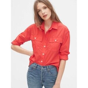 New Womens Gap Camp Shirt S 100% Cotton Button Neon Coral LS Pockets Orange Nice